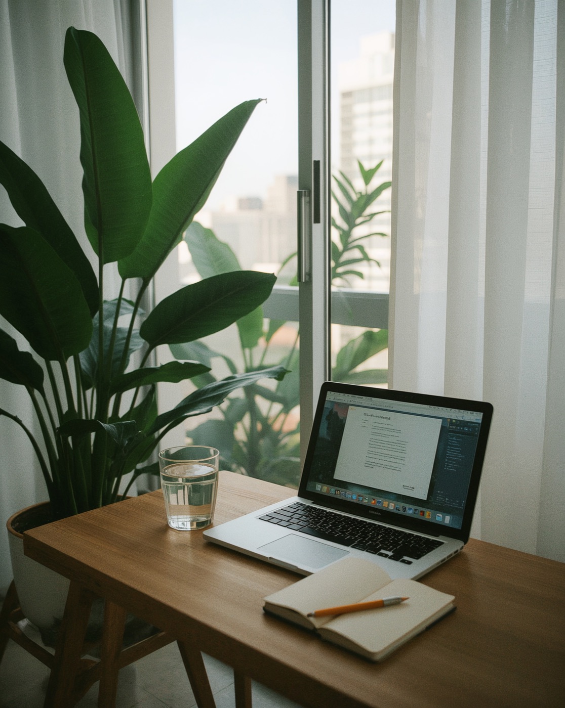 An open laptop, a notebook and a glass of water on a wooden table by a bright window