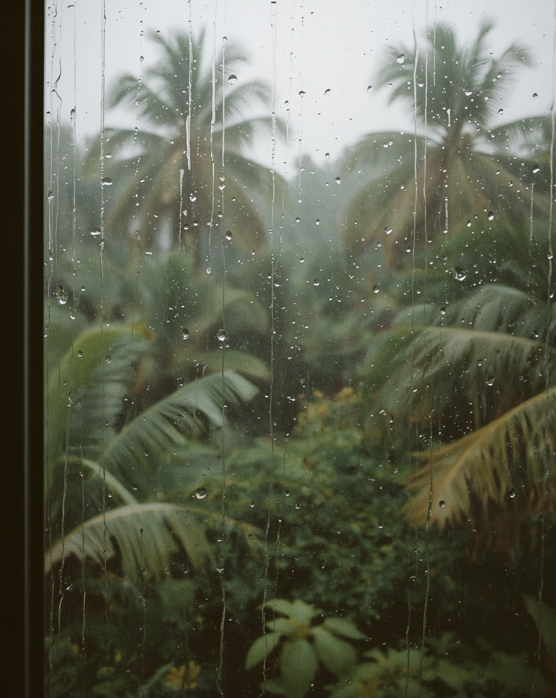 Rain running down a window in front of palm trees