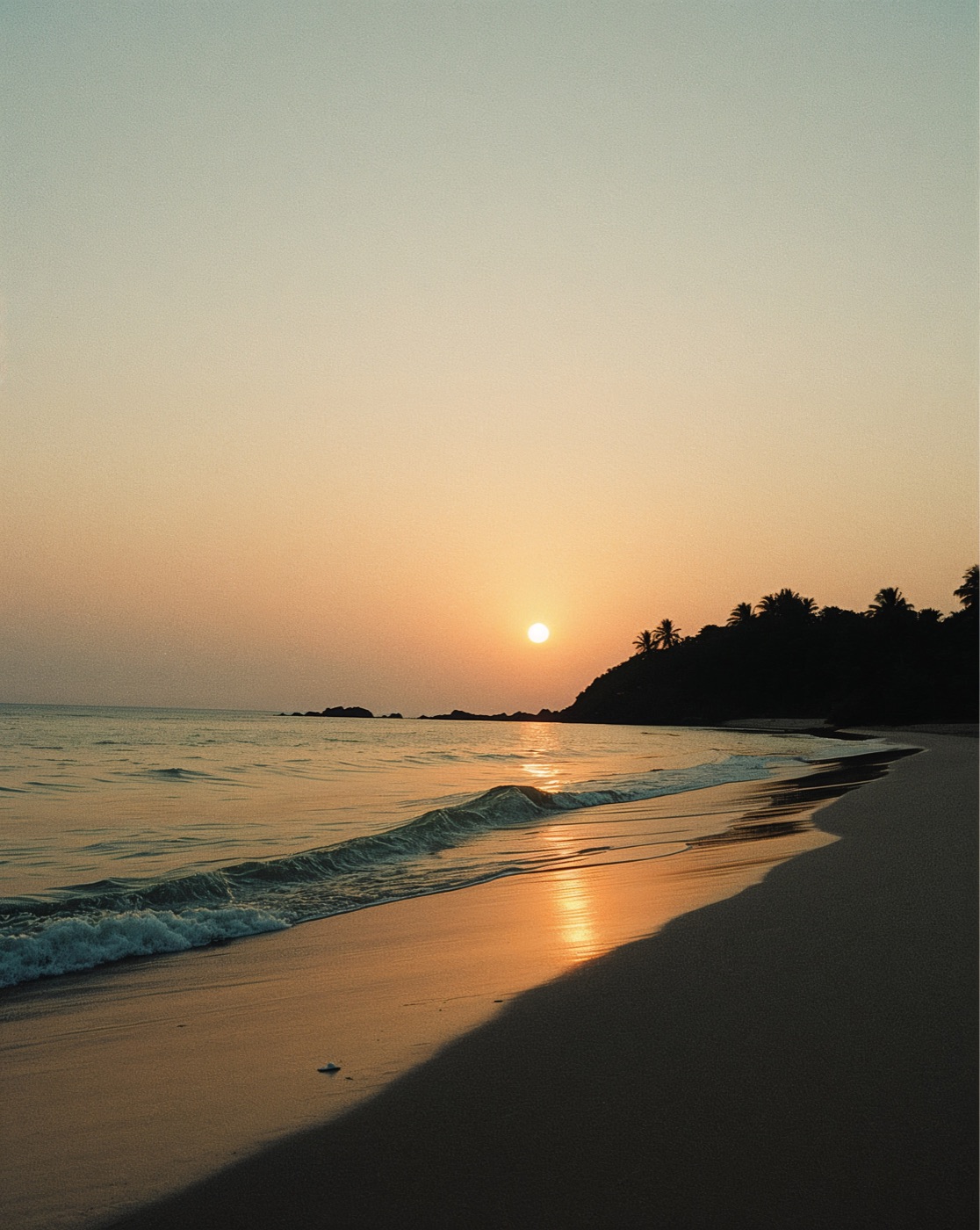 The sun setting over a quiet beach with palms at the far end